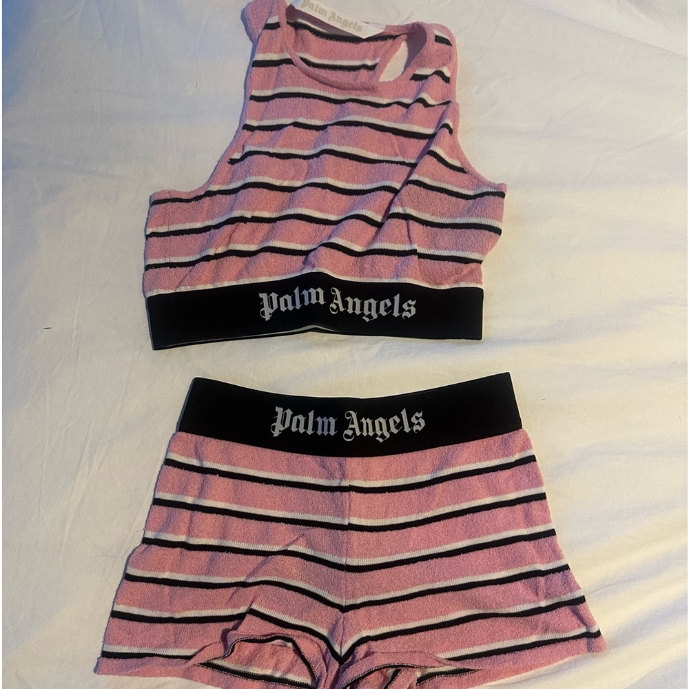 Palm angels logo tape striped crop top and shorts size small